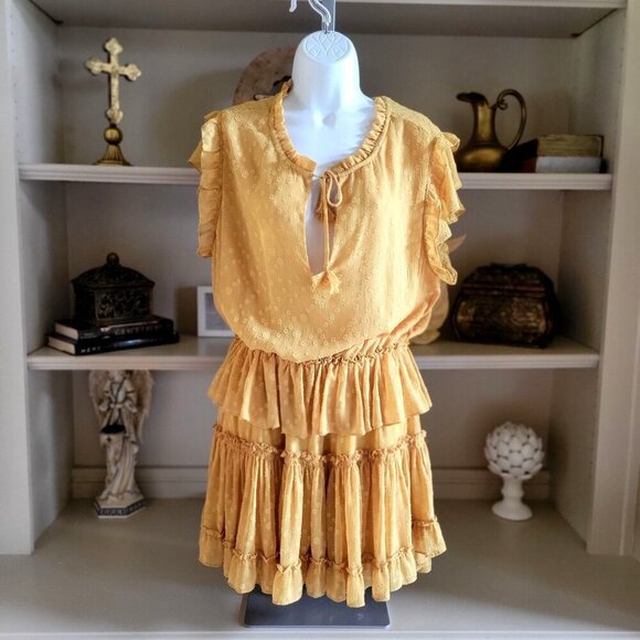 MISA Revolve Dress LILIAN Mini Yellow Safron Polka Dot Textured Ruffle L - Picture 5 of 9